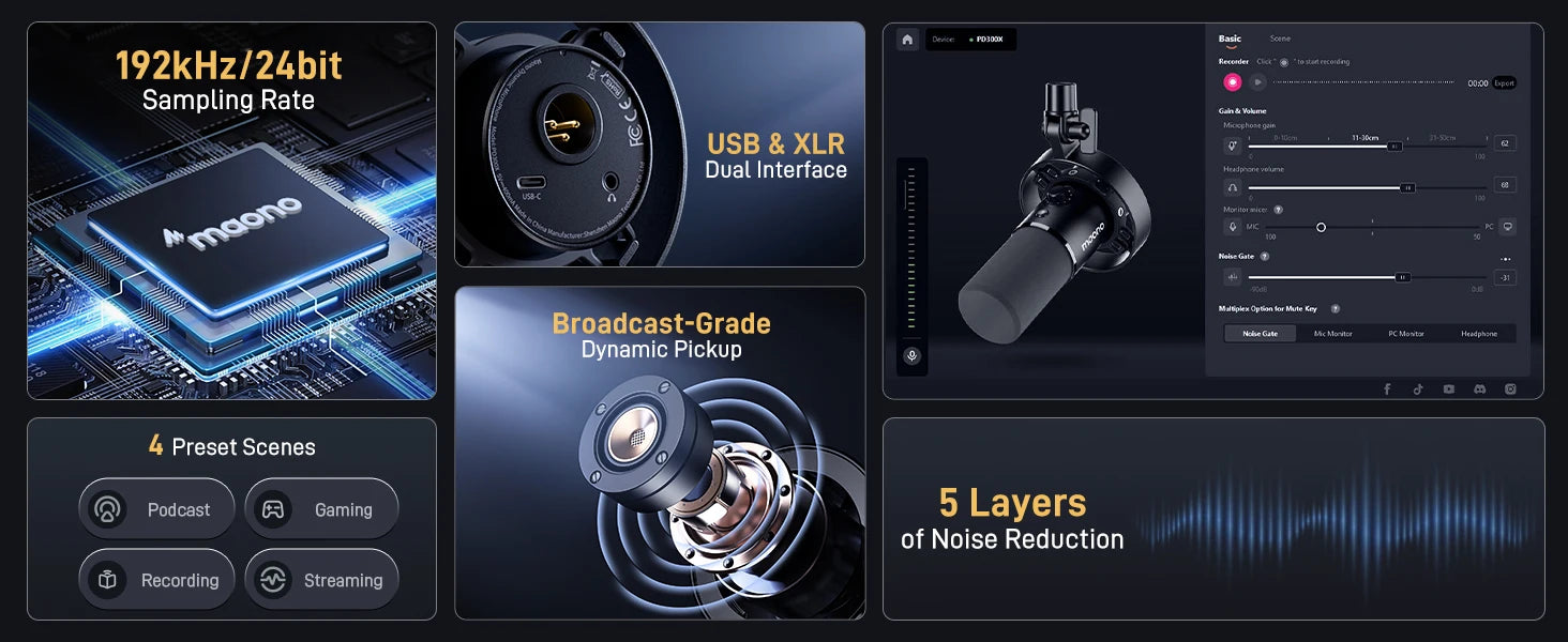 PD300X Dynamic Microphone XLR USB Podcast Recording Mic 192kHz24bit for Content Creation Home Audio Studio Noise Reduction