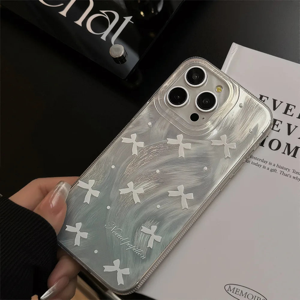 Luxury Laser Silver Bow knot Case for iPhone 17 Air 16 15 14 Pro Max Plus 16E Shockproof Bumper Fundas