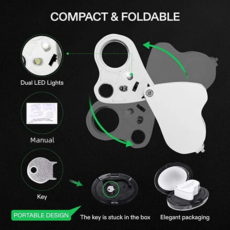 30X 60X LED Jewelry Loupe Magnifier Foldable Dual Lens