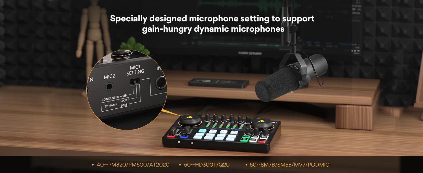 AME2 Audio Interface Sound Card DJ Mixer All in One Portable Podcast Studio for Recording,Live Streaming,Youtube,Guitar,PC