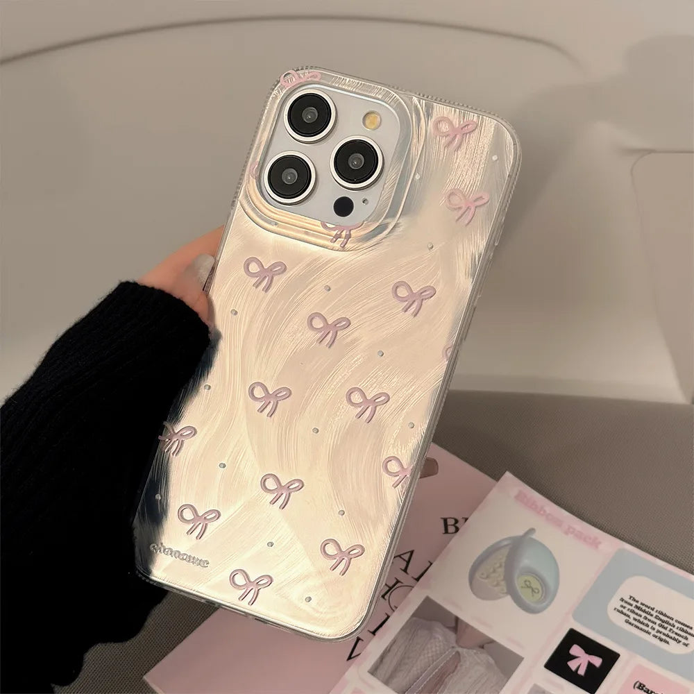 Luxury Laser Silver Bow knot Case for iPhone 17 Air 16 15 14 Pro Max Plus 16E Shockproof Bumper Fundas