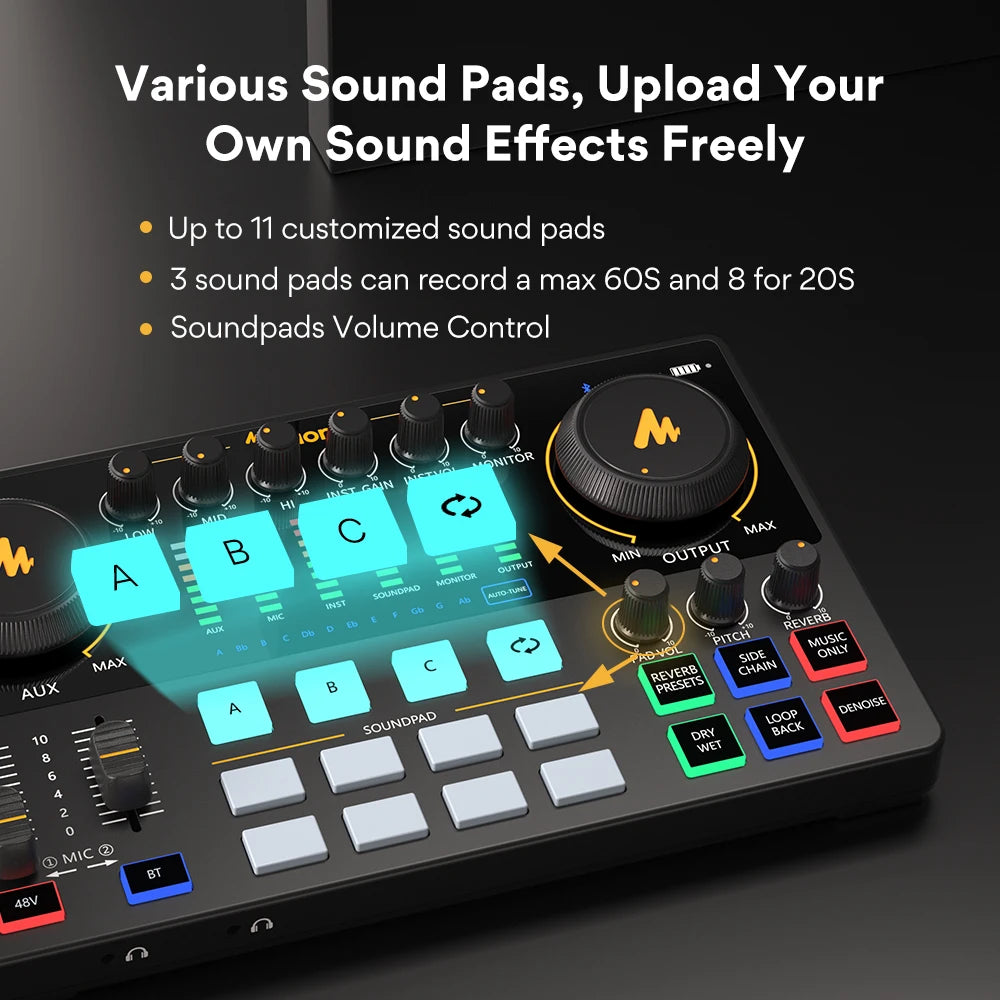 AME2 Audio Interface Sound Card DJ Mixer All in One Portable Podcast Studio for Recording,Live Streaming,Youtube,Guitar,PC