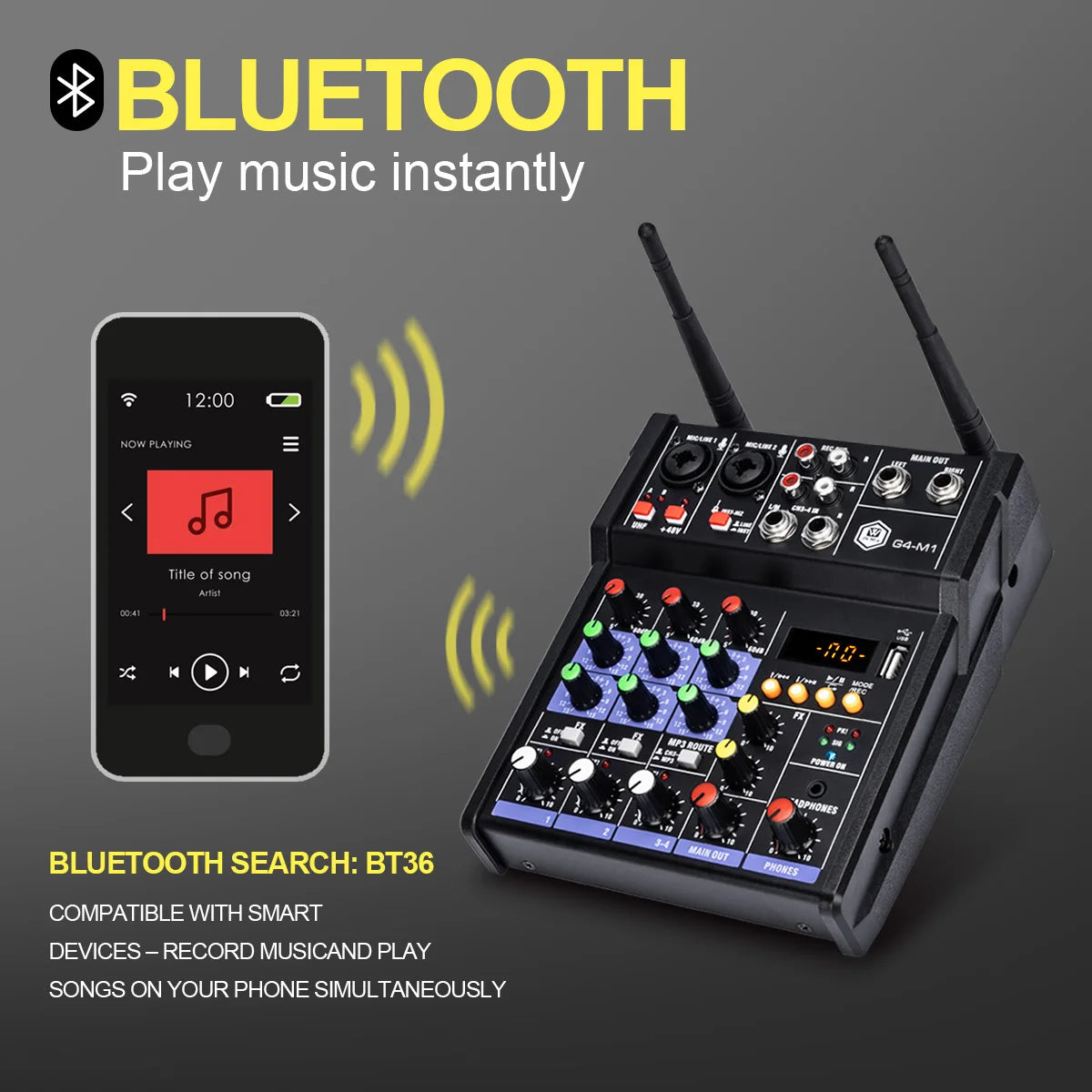 Winmix 4-Channel Audio Mixer Console with UHF Wireless Microphone Kit Bluetooth USB Audio Interface,for DJ Karaoke PC Guitar