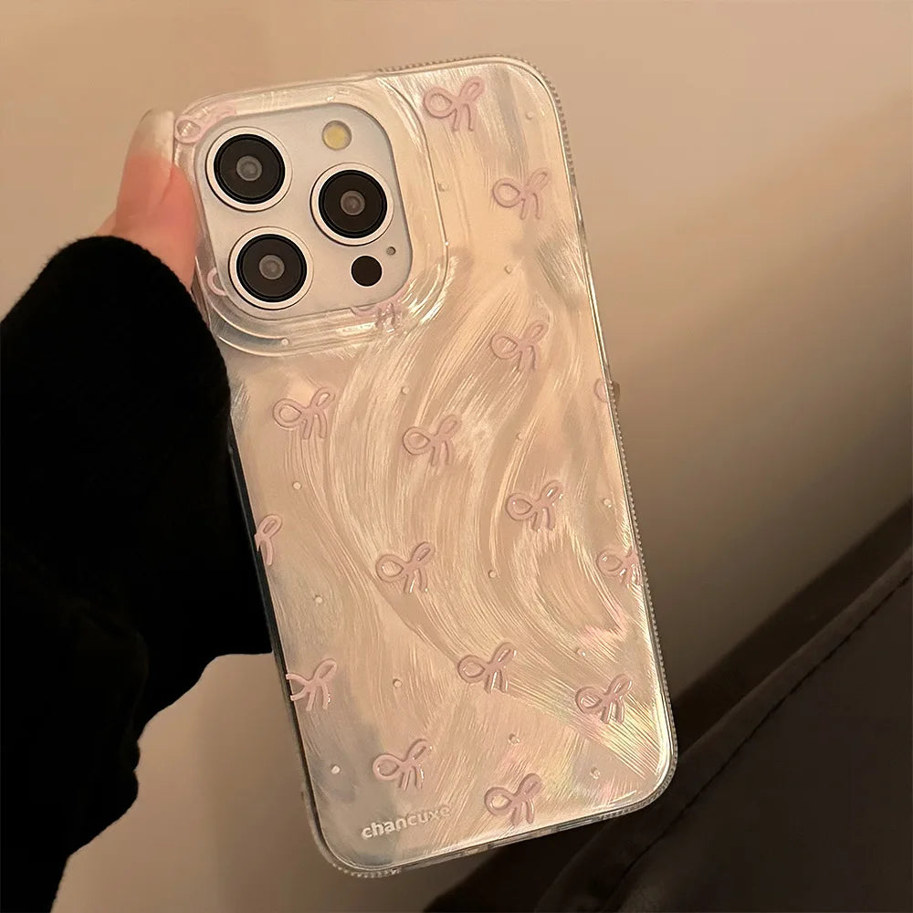 Luxury Laser Silver Bow knot Case for iPhone 17 Air 16 15 14 Pro Max Plus 16E Shockproof Bumper Fundas