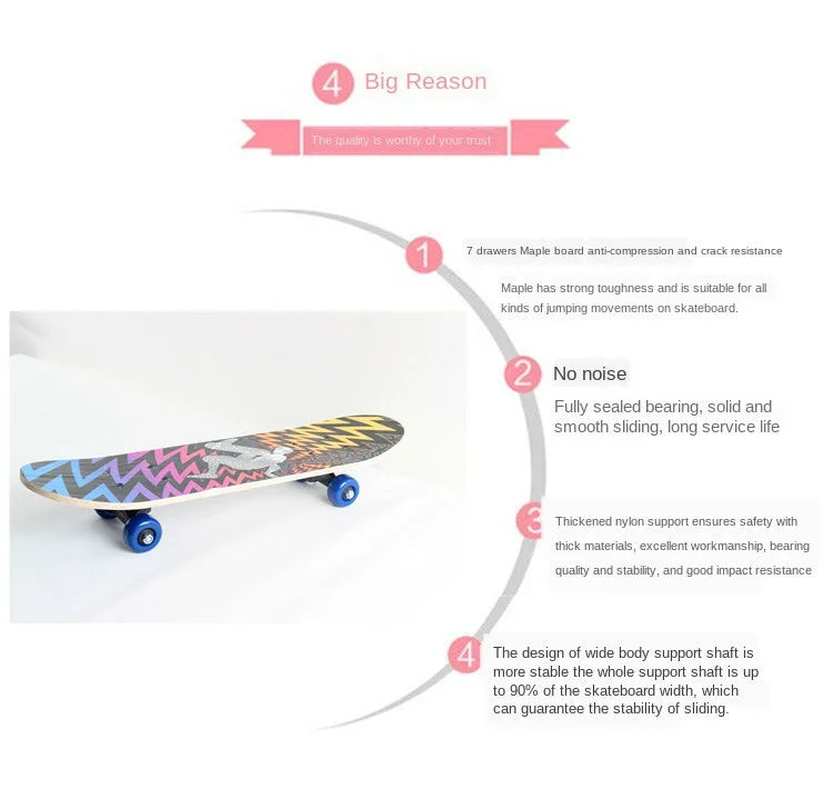 60CM Skateboard Beginner Cartoon Skateboard Maple Wood Deck Skate Board Outdoor Long Board Double Rocker Skateboard