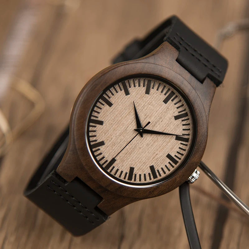 Black Men Wristwatch Quartz Wooden Watch Logo Designs Special Gift With Leather Band Wood Watches