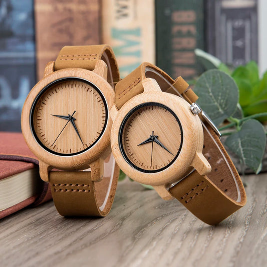 Bamboo Couple Set Quartz Wooden Watches Men Leather Band Lovers's Wood Timepieces