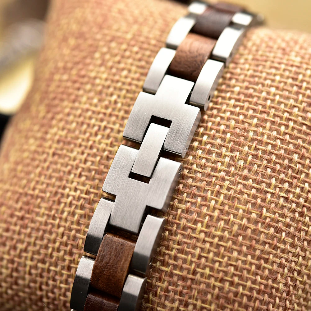 Wood Stainless Steel Bracelet for Women Jewelry Adjusted Strap