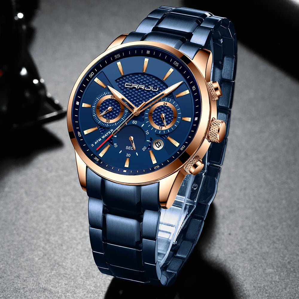 Business Men Watch Fashion Blue Date Chronograph Stianless Steel Wristwatch Mens Casual Waterproof Clock