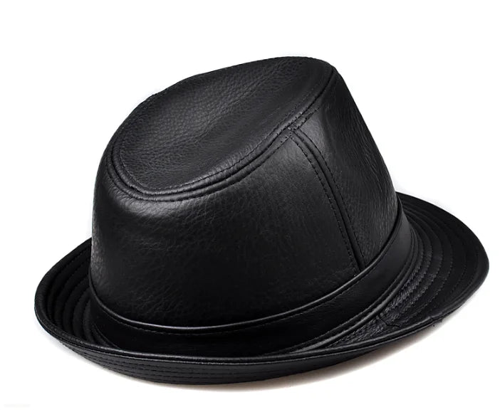 Man High Quality Genuine Leather Jazz Fedora Gentleman Cow Skin Short Brim Top Hat Male Shows Topper