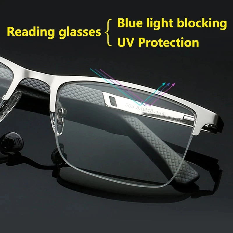 Reading Glasses Men Anti-blue Light Metal Half Frame Presbyopia Eyeglasses Frame Men‘s Bussiness Computer Eyewear +2