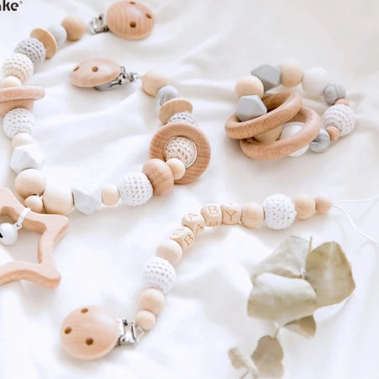 Baby Wooden Teether Wooden Pram Clip Baby Mobile Pram Personalize Silicone Bead Pacifier Chain Chewable Silicone Rattle Baby Toy