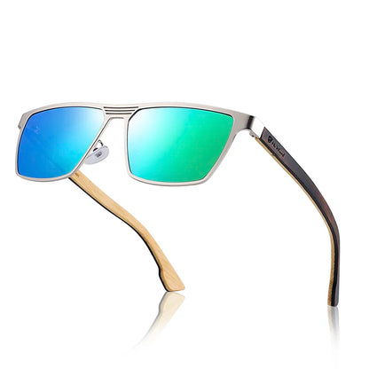 Metal Frame Natural Wooden Sunglasses Polarized Blue Mirror Eyewear