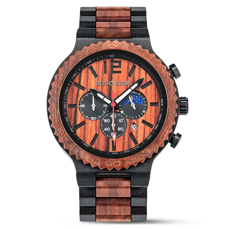 Watches Wooden Wrist Stop Watch Quartz Chronograph Luminous Hands Auto Date