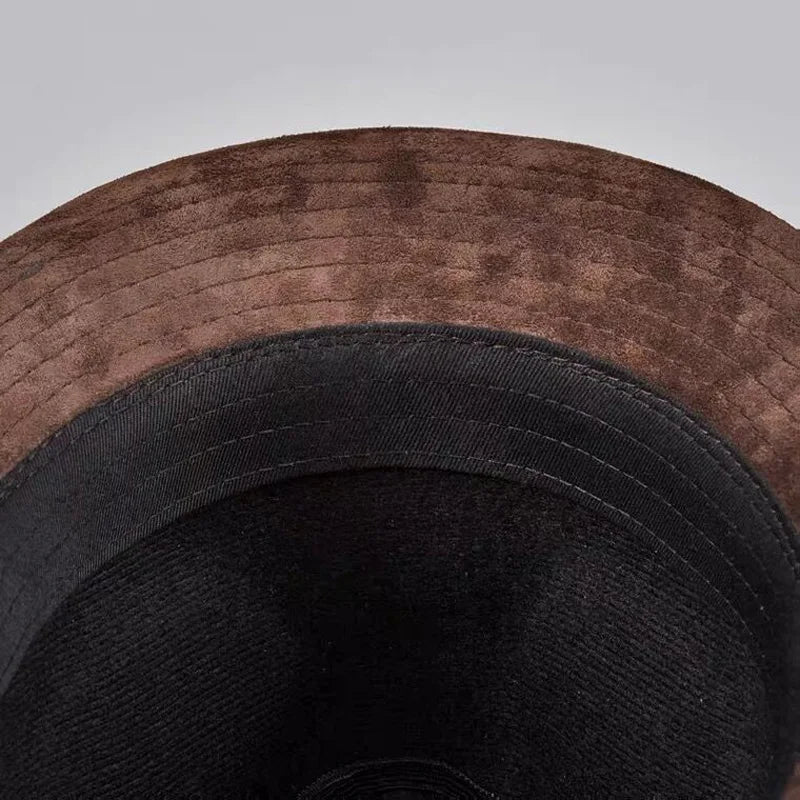 Winter Genuine Leather Top Hats For Men/Women British Gentlemen Wide Brim Stetson Fedoras 55-60cm Fitted Brown Male