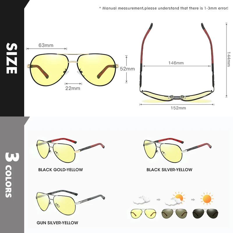 Aviation Photochromic Polarized Night Vision UV400 Driving Sunglasses for Men Women