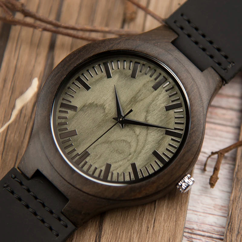 Black Men Wristwatch Quartz Wooden Watch Logo Designs Special Gift With Leather Band Wood Watches