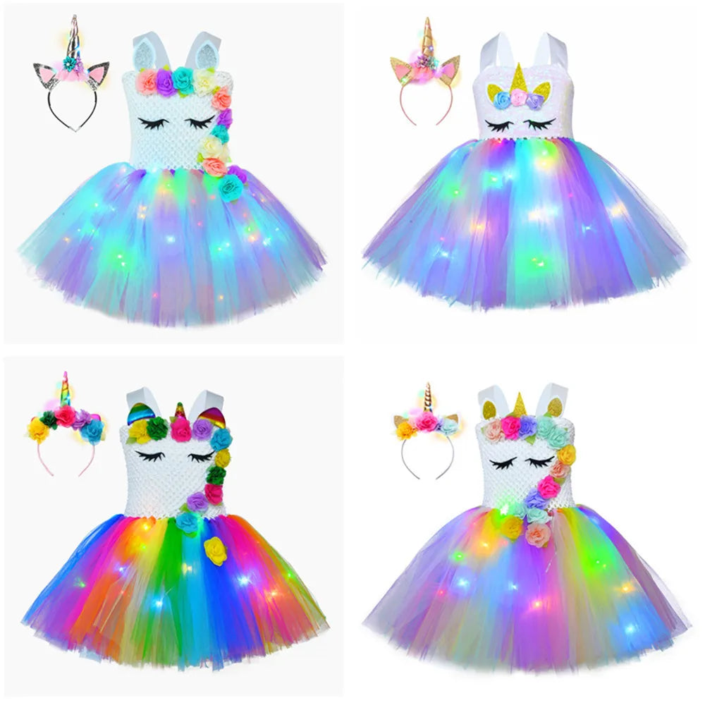 Girl Unicorn Dresses for Girls Tutu Princess Party Dresses with LED Lights Flower Birthday Party Cosplay Costume Girls Clothing