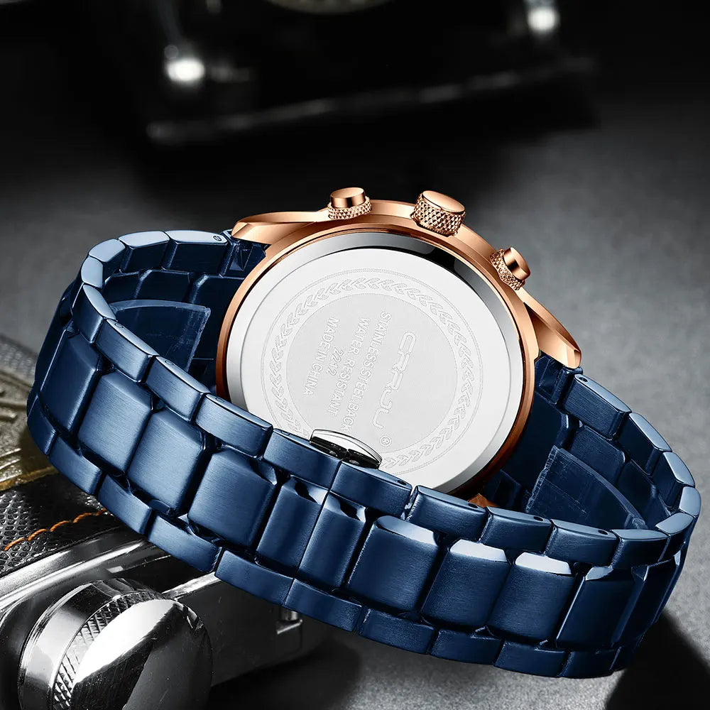 Business Men Watch Fashion Blue Date Chronograph Stianless Steel Wristwatch Mens Casual Waterproof Clock