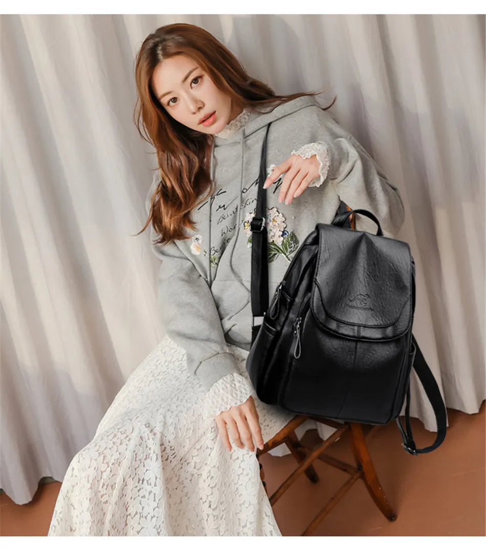 Soft Leather Backpacks Vintage Female Shoulder Bags Casual Travel Ladies Bagpack School Bags