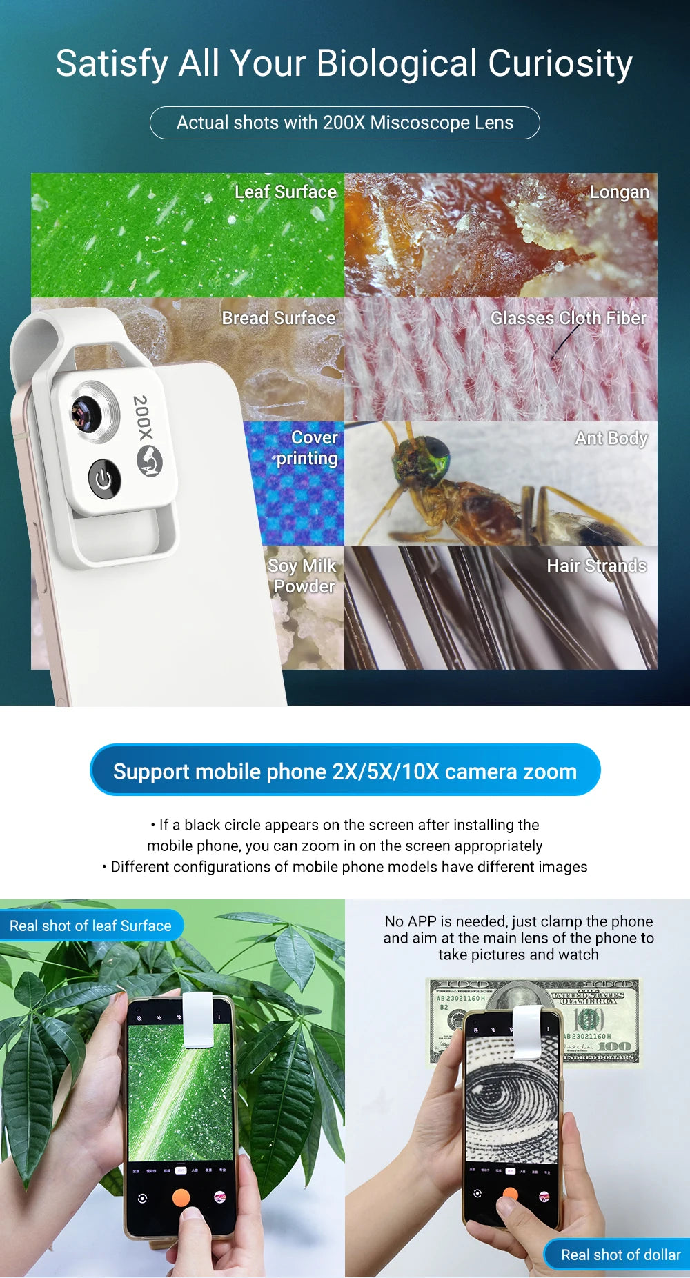 200X Smartphone Microscope Lens with LED Light Universal Clip