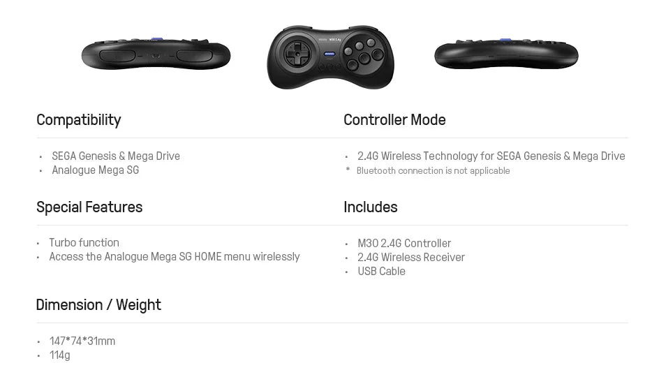 2.4GHz Wireless Retro Gaming Controller for Sega Genesis and Mega Drive