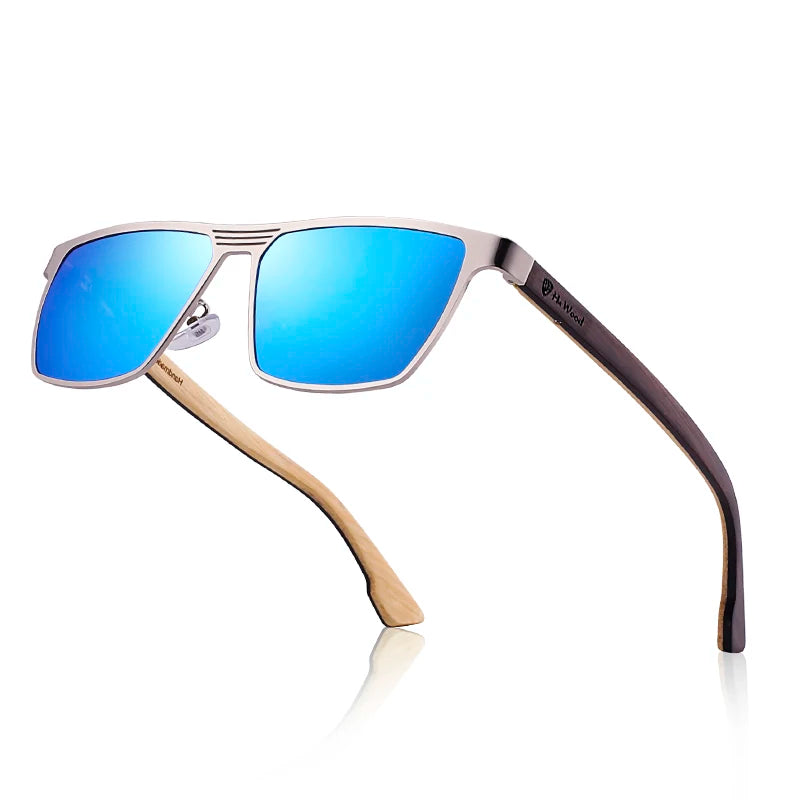 Metal Frame Natural Wooden Sunglasses Polarized Blue Mirror Eyewear