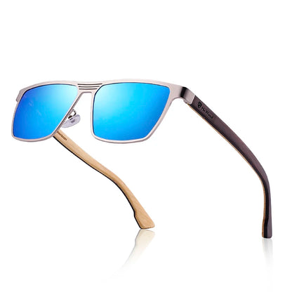 Metal Frame Natural Wooden Sunglasses Polarized Blue Mirror Eyewear