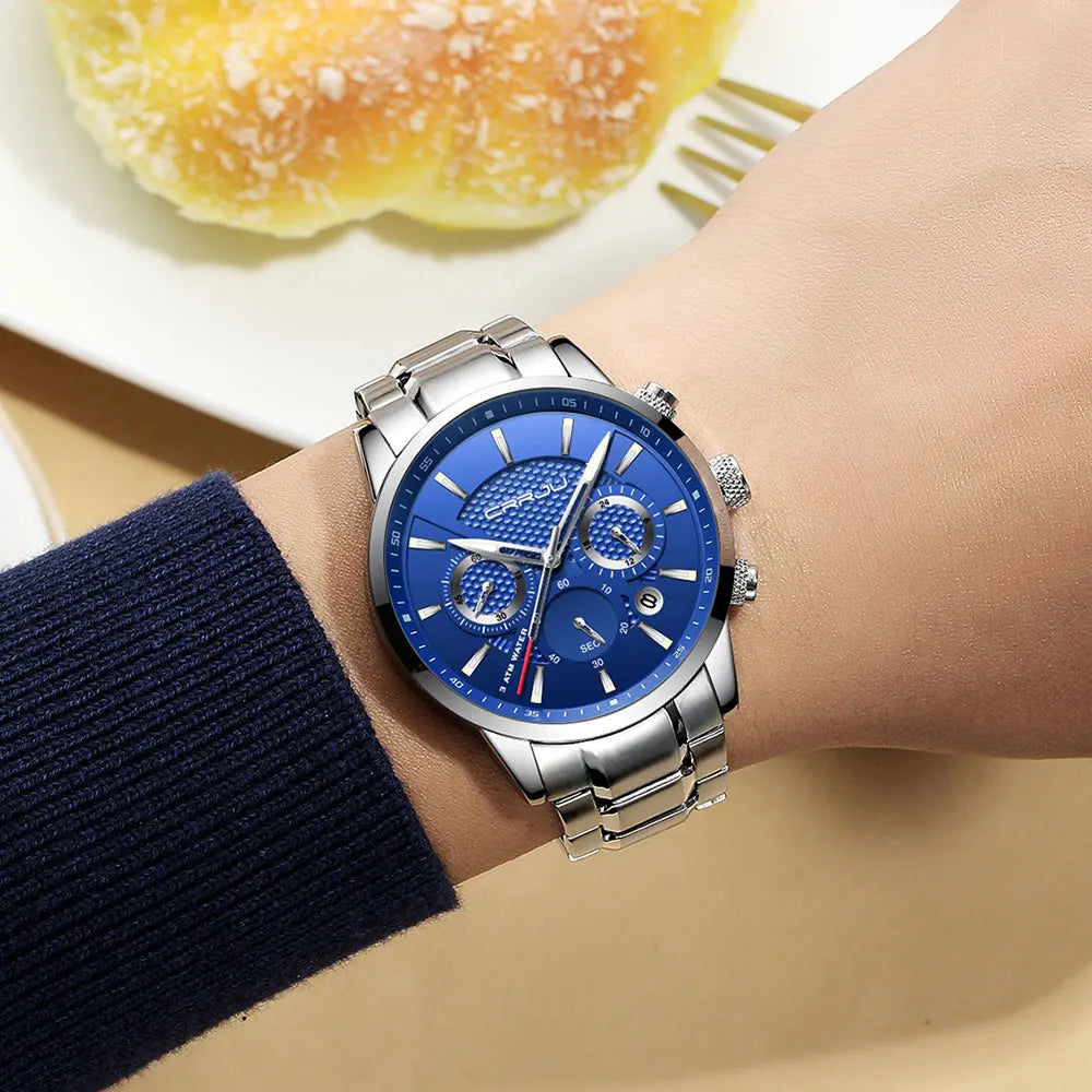 Business Men Watch Fashion Blue Date Chronograph Stianless Steel Wristwatch Mens Casual Waterproof Clock
