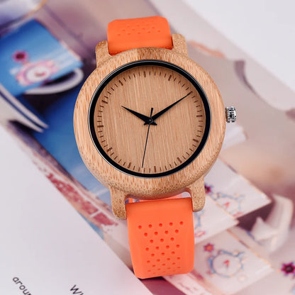 Watches Top Brand Luxury Quartz Leather Silicone Strap Bamboo Wristwatch