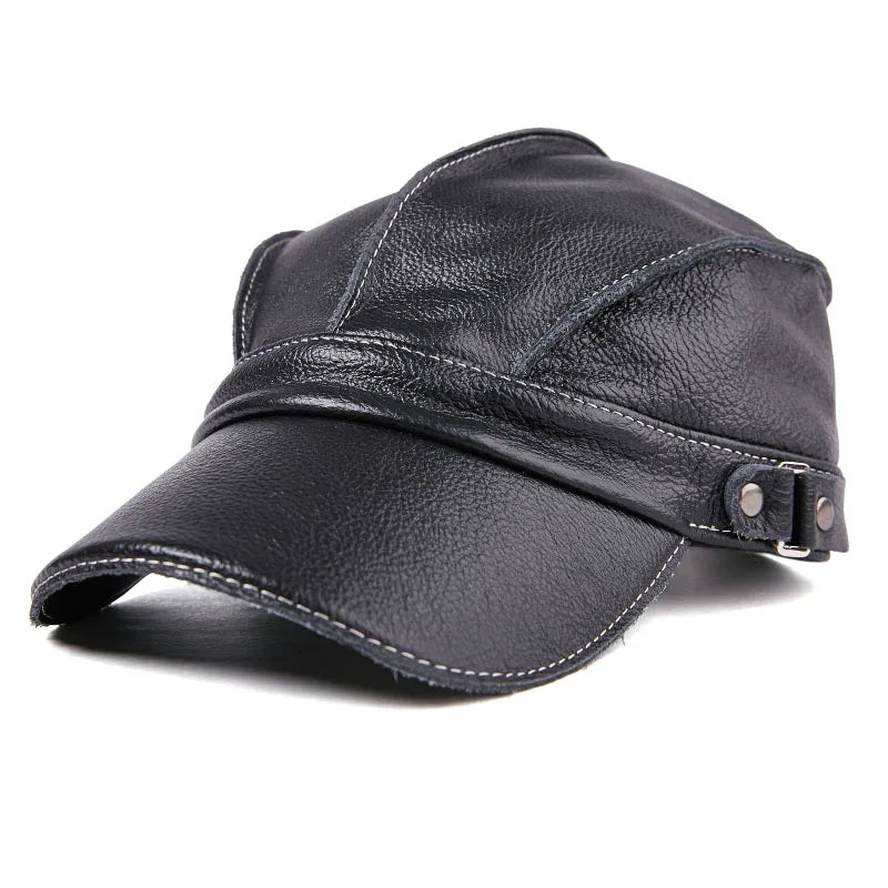 Unisex High Quality Real Leather Military Caps Sailor Hats Women Men Black Brown Flat Top Captain Cap Travel Cadet Hat