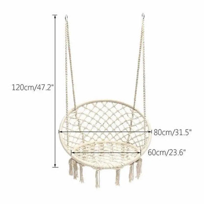 Nordic Style Round Hammock Swing Chair Safety Hanging Hammock Rope Hanging Garden Seat Beige Knitting Rope Swing Balcony Chair