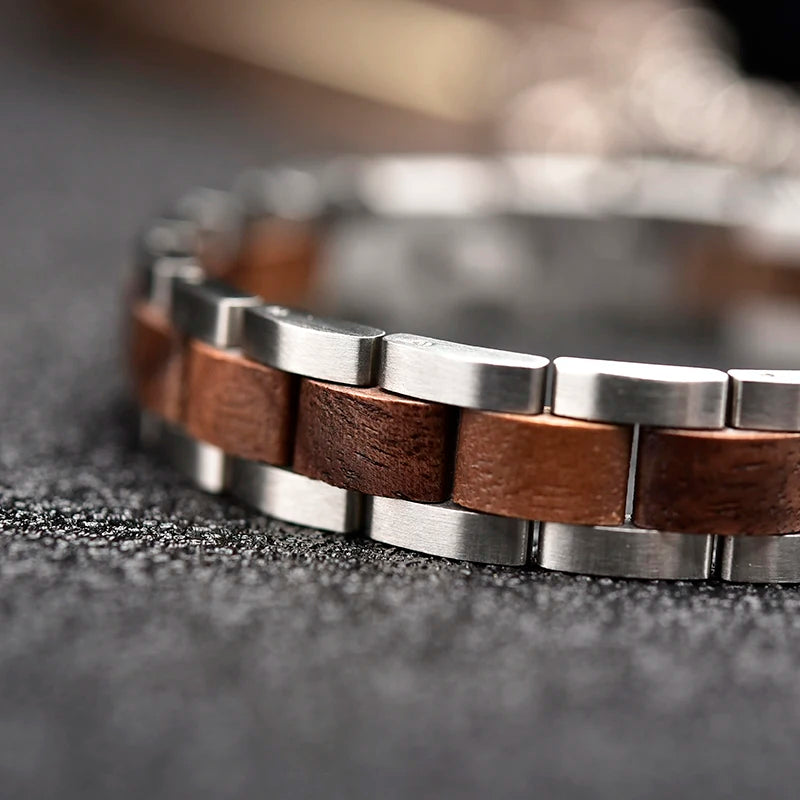 Bracelet Metal Stainless Steel Wood Strap Jewelry