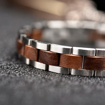 Bracelet Metal Stainless Steel Wood Strap Jewelry