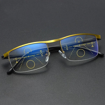 Progressive Multifocal Reading Glasses Half Frame Metal Presbyopia Eyewear Anti Blue Ray Square Magnifying Eyeglaases