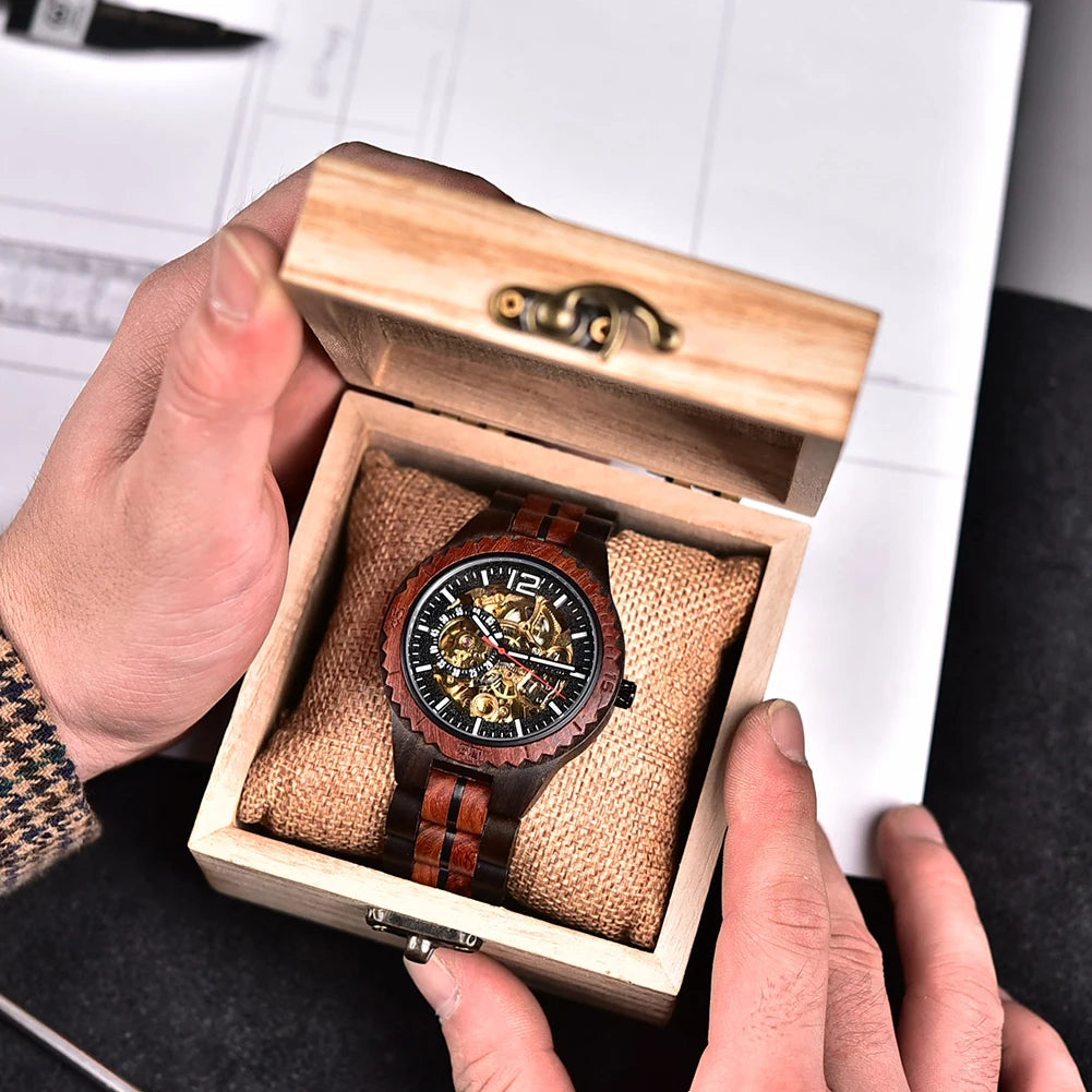 Automatic Self-Wind Watch for Men Wood Red Sandalwood Wristwatches Male Waterproof In Wooden Box