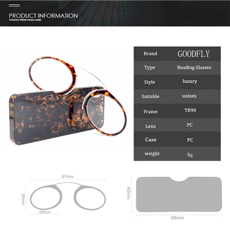 Portable Nose Clip Reading Glasses with Compact Case for Men and Women