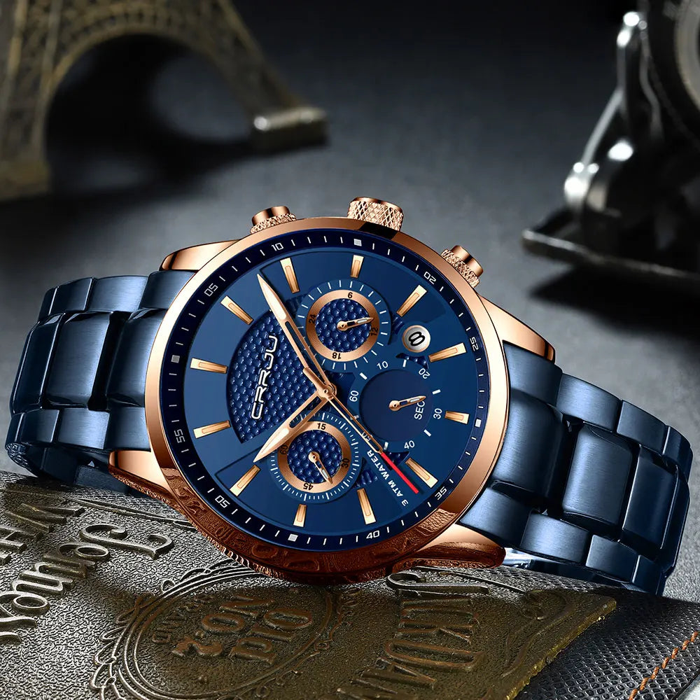 Business Men Watch Fashion Blue Date Chronograph Stianless Steel Wristwatch Mens Casual Waterproof Clock