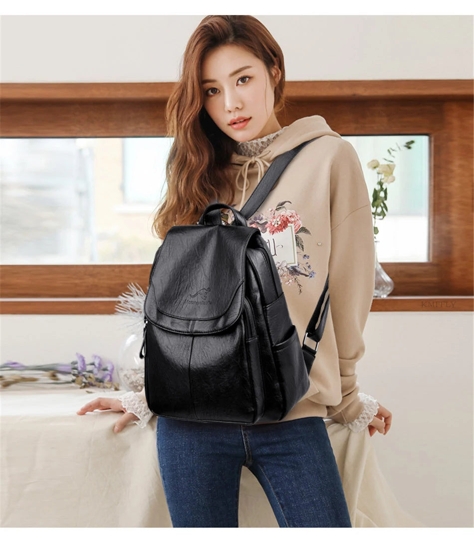 Soft Leather Backpacks Vintage Female Shoulder Bags Casual Travel Ladies Bagpack School Bags