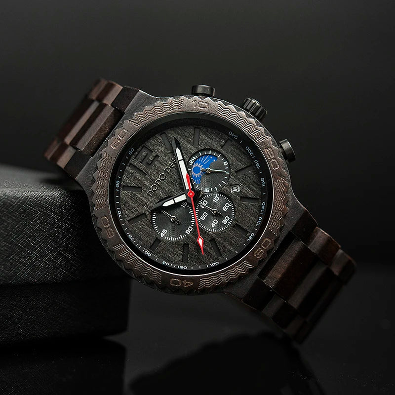 Watches Wooden Wrist Stop Watch Quartz Chronograph Luminous Hands Auto Date