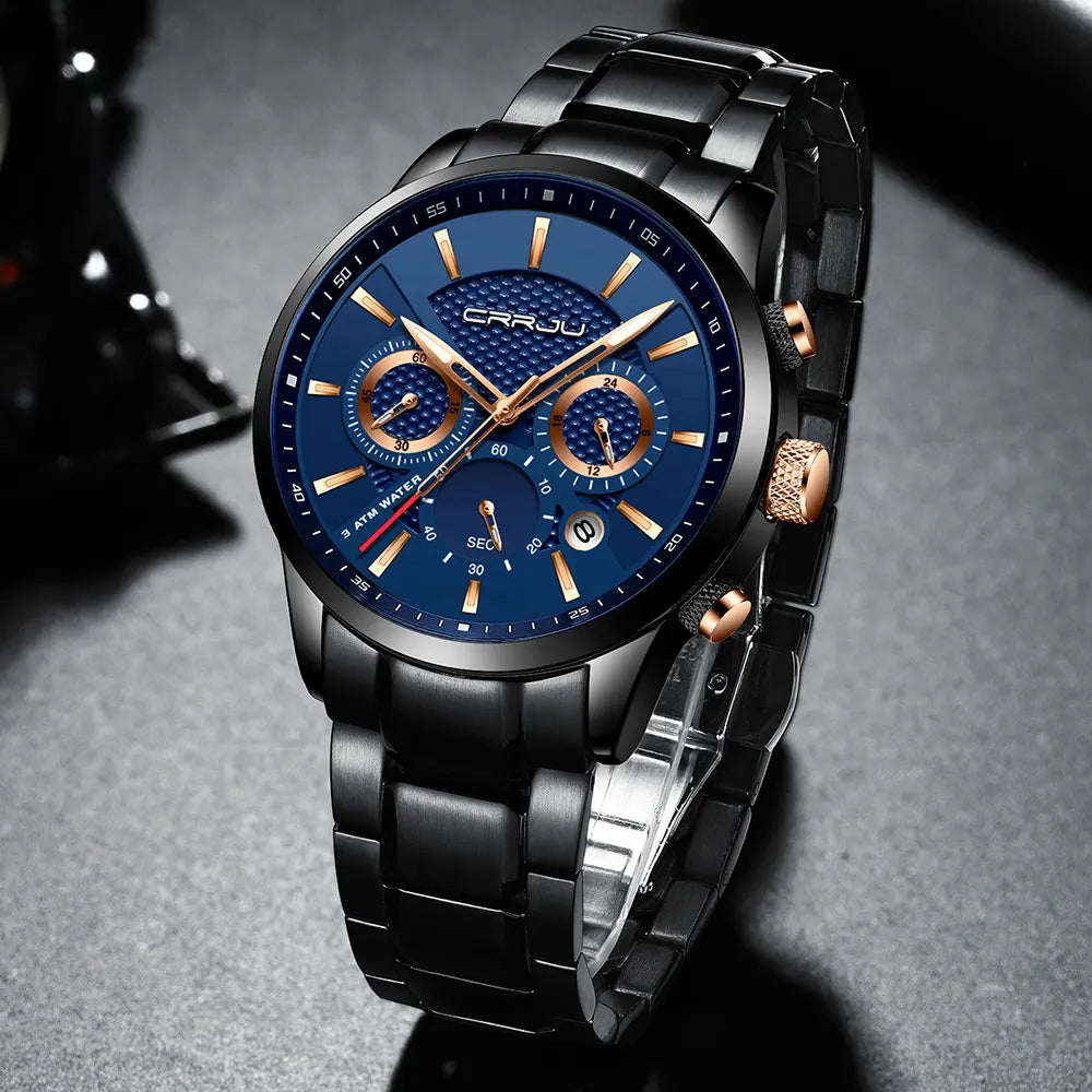 Business Men Watch Fashion Blue Date Chronograph Stianless Steel Wristwatch Mens Casual Waterproof Clock