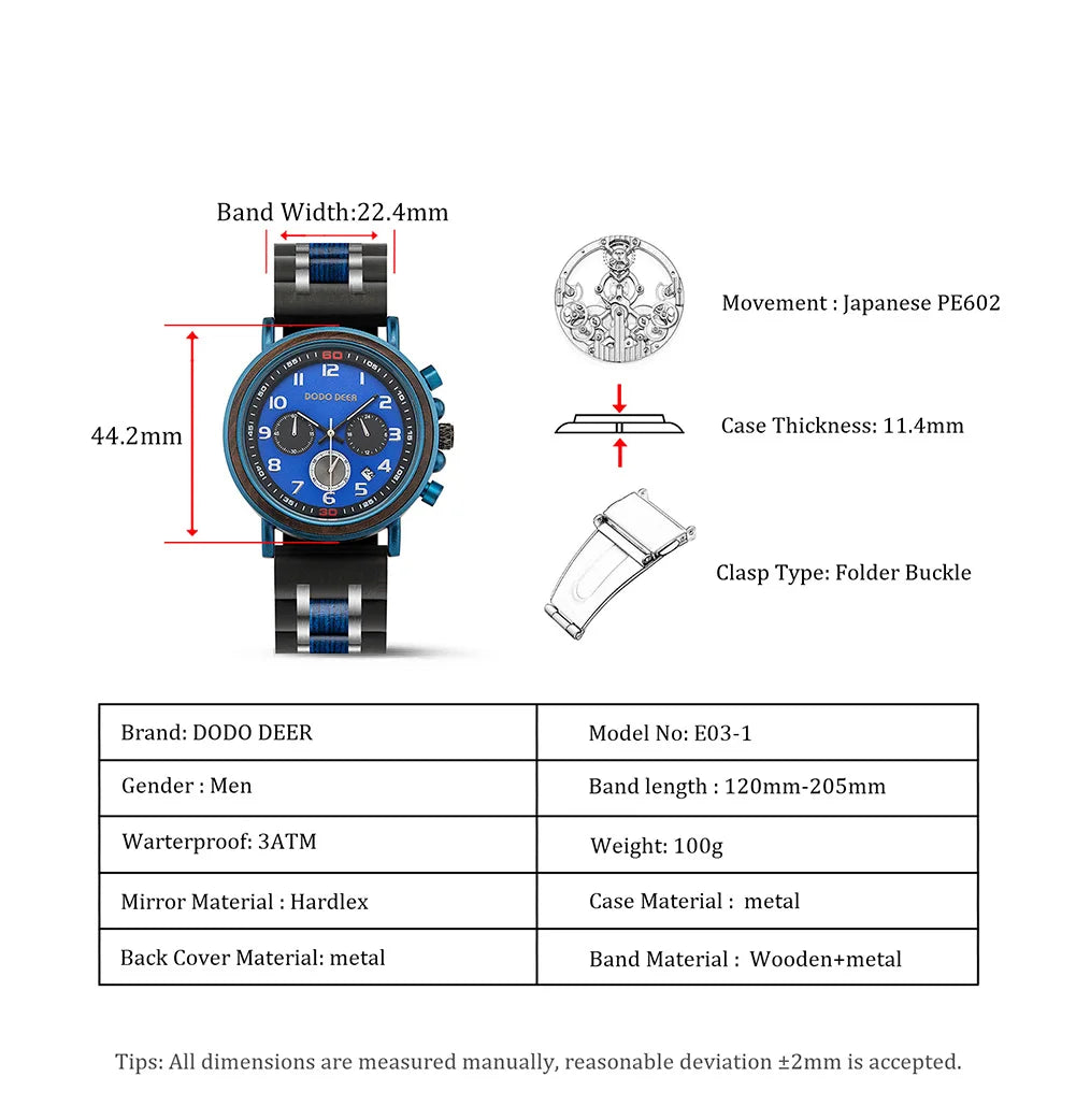 Wooden Watches in Quartz Wrist Stop Watch Stainless Steel Date Display Chronograph