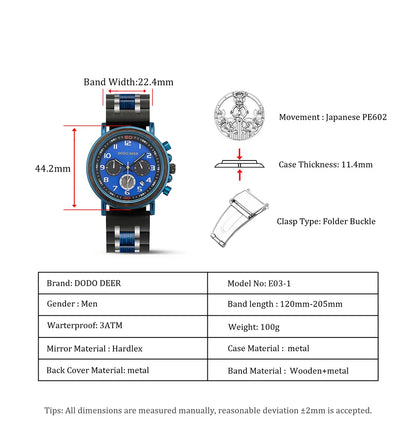 Wooden Watches in Quartz Wrist Stop Watch Stainless Steel Date Display Chronograph