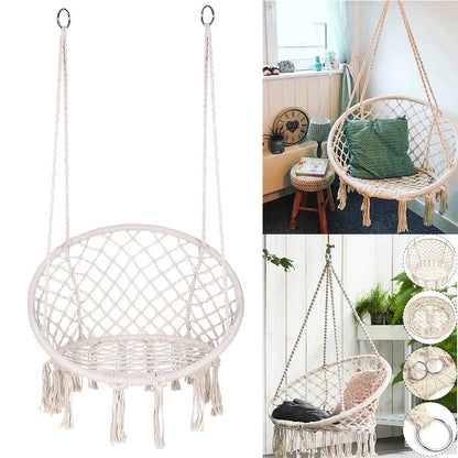 Nordic Style Round Hammock Swing Chair Safety Hanging Hammock Rope Hanging Garden Seat Beige Knitting Rope Swing Balcony Chair