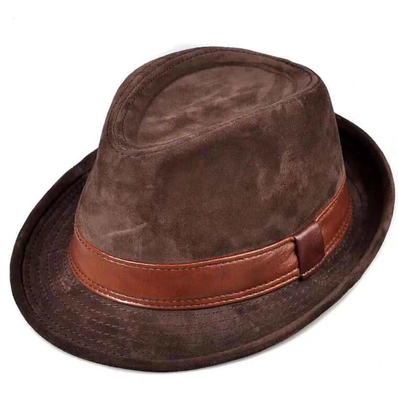 Winter Genuine Leather Top Hats For Men/Women British Gentlemen Wide Brim Stetson Fedoras 55-60cm Fitted Brown Male