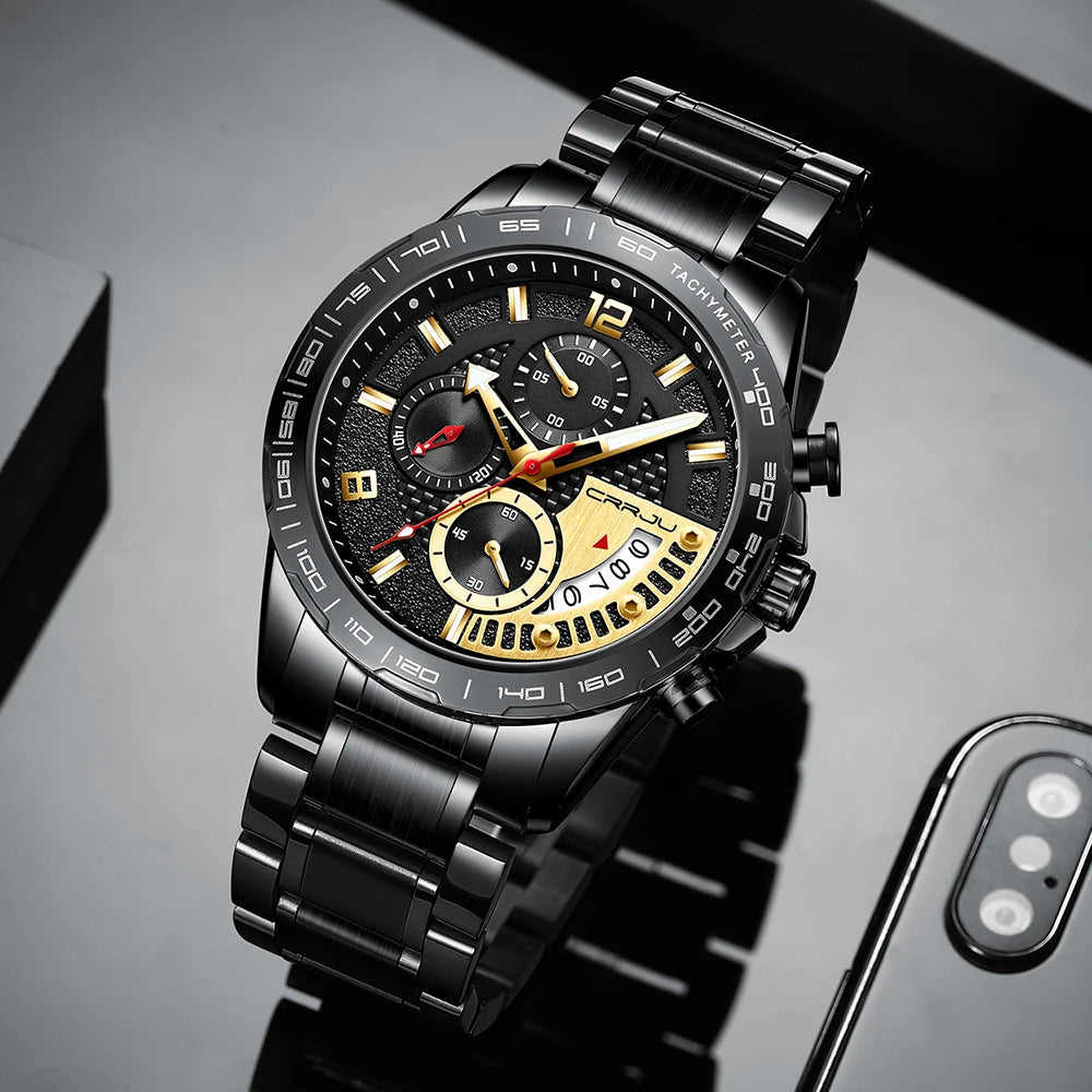 Mens Watches Fashion Stainless Steel Business Watch Luxury Luminous Waterproof Chronograph Quartz Watch Relogio Masculino