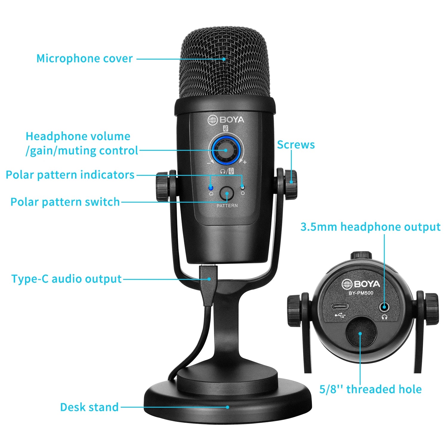 BY-PM500 Gaming Condenser USB Microphone for PC Mobile Phone Android Windows Mac Youtube Recording Streaming Blogger Vlog