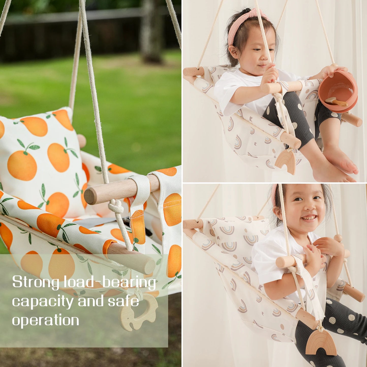 Let‘s Make Baby Swing Chair Canvas Hanging Wood Recliner Children Baby Rocker Toy Safety Baby Bouncer Outside Chair Toy Rocker