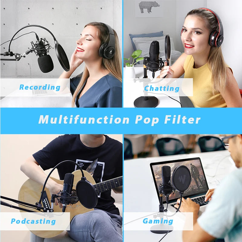 Microphone Pop Filter Metal Pop Filter Shield Double Layer Windscreen Popfilter For USB Microhone Podcast Microphone