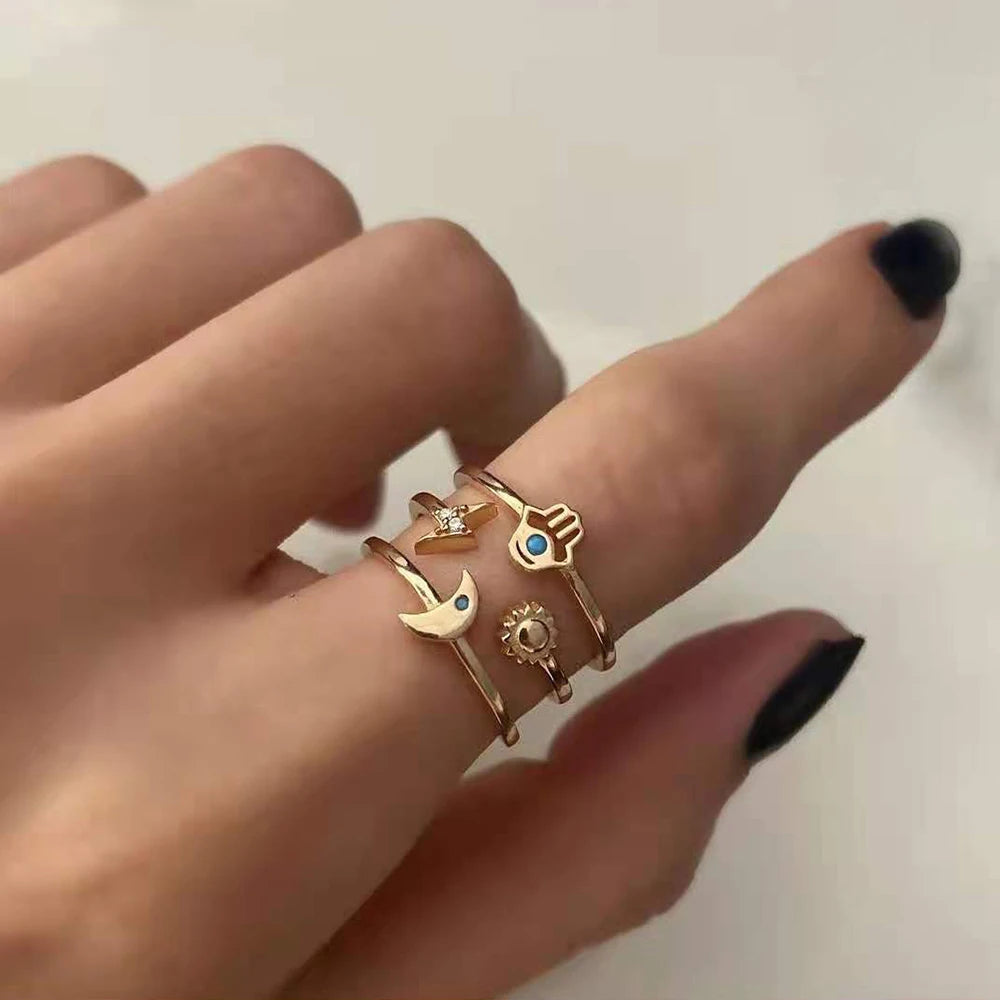 Multilayer Moon Star Sun Open Rings for Women Gold Color Hollow Metal CZ Turkish Hand Finger Rings